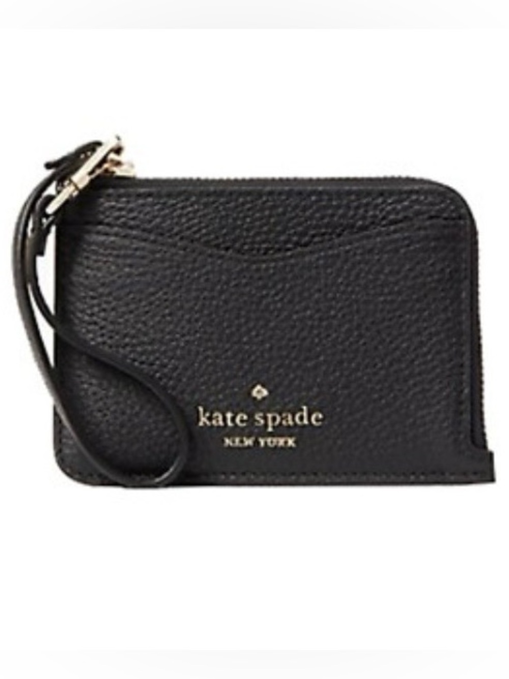 kate spade Black Pebbled Leather Zip Wristlet with Gold Logo